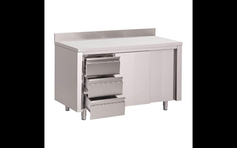Table armoire inox avec dosseret 3 tiroirs à gauche et portes coulissantes Gastro M 880x1000x700mm