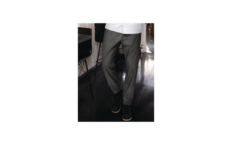 Pantalon de cuisine Works Urban Jogger 257 à fines rayures noires et blanches L