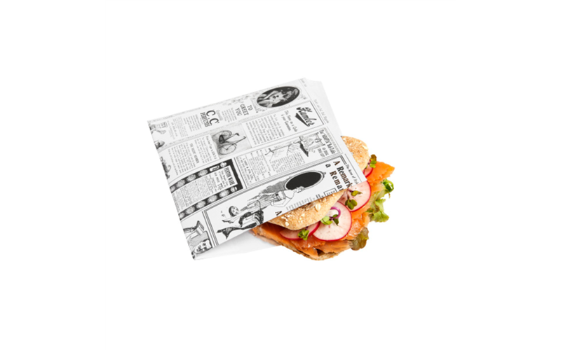 Papier ingraissable ouvert 2 côtés Fast Food "TIMES" 32 G/M2 13 x 14 cm Blanc Parch.ingraissable (1000 unités)
