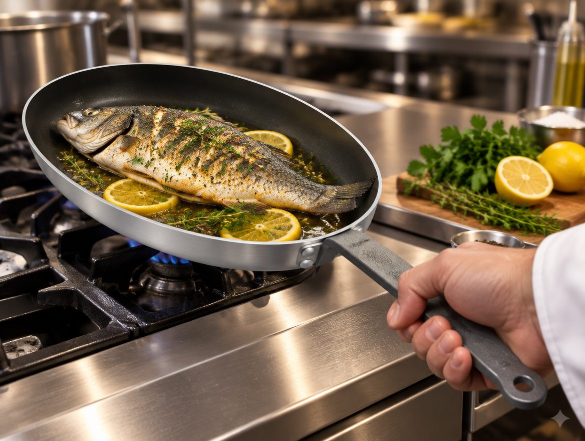 Poêle ovale à poisson CHOC en service dans une cuisine professionnelle