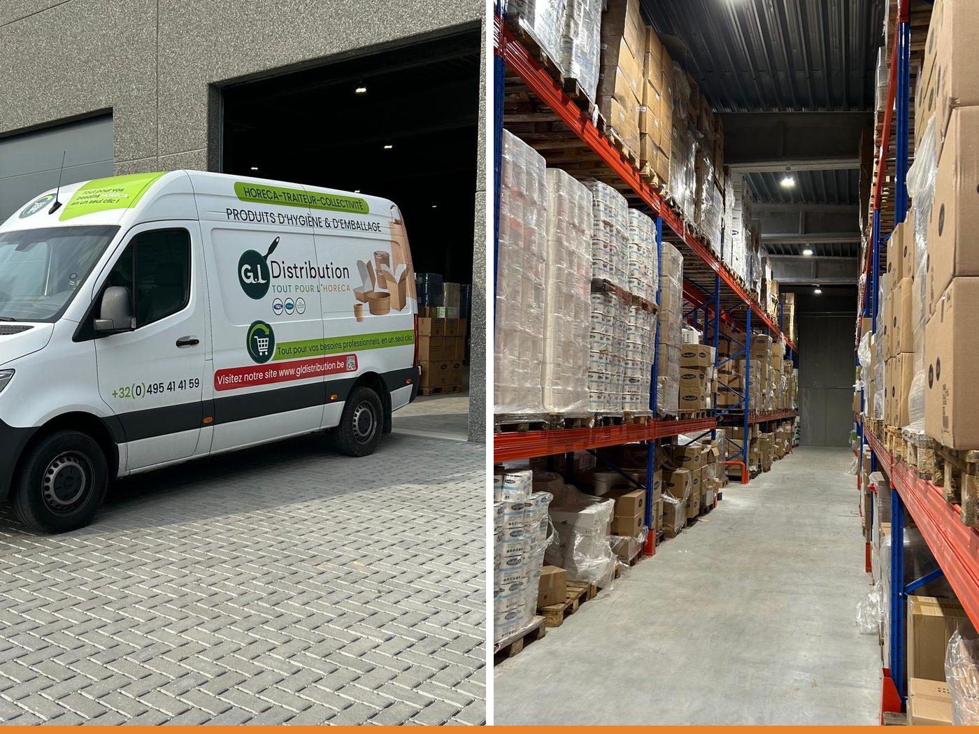 Entrepôt GL Distribution à Fernelmont et camionnette de livraison
