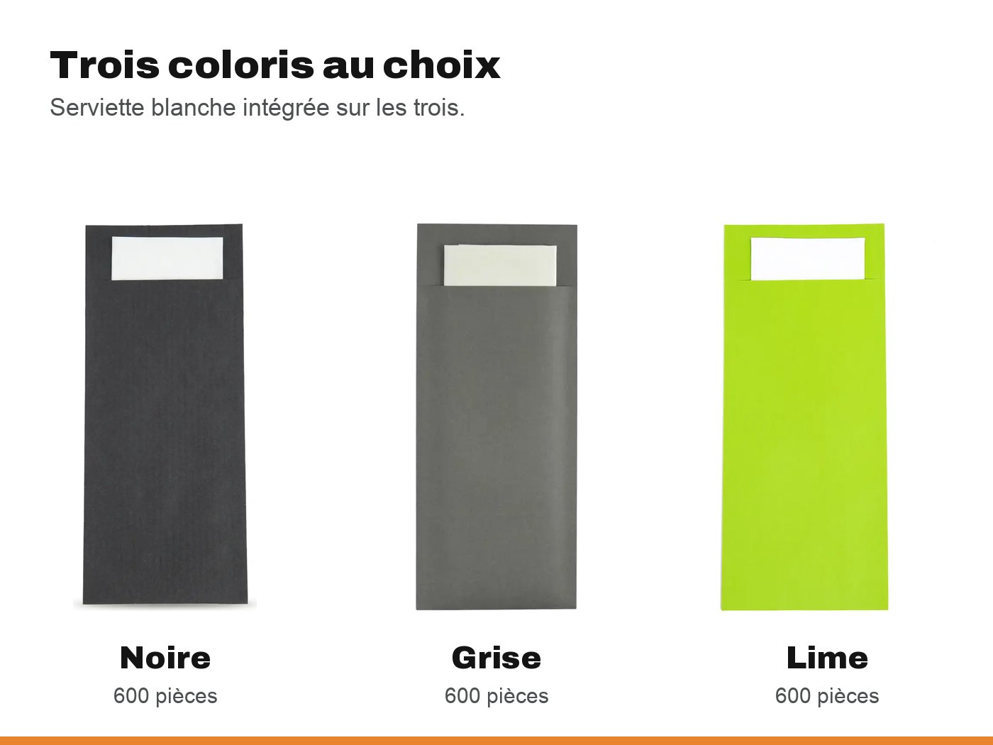 Les trois coloris de pochettes à couverts F&G : noire, grise, lime