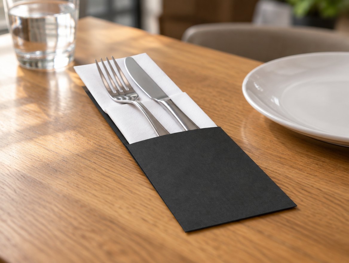 Pochette à couverts noire dressée sur une table de restaurant