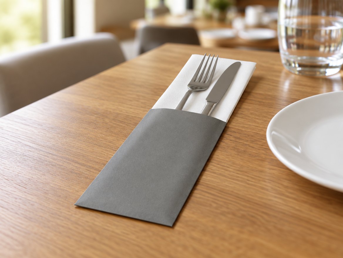 Pochette à couverts grise dressée sur une table de restaurant