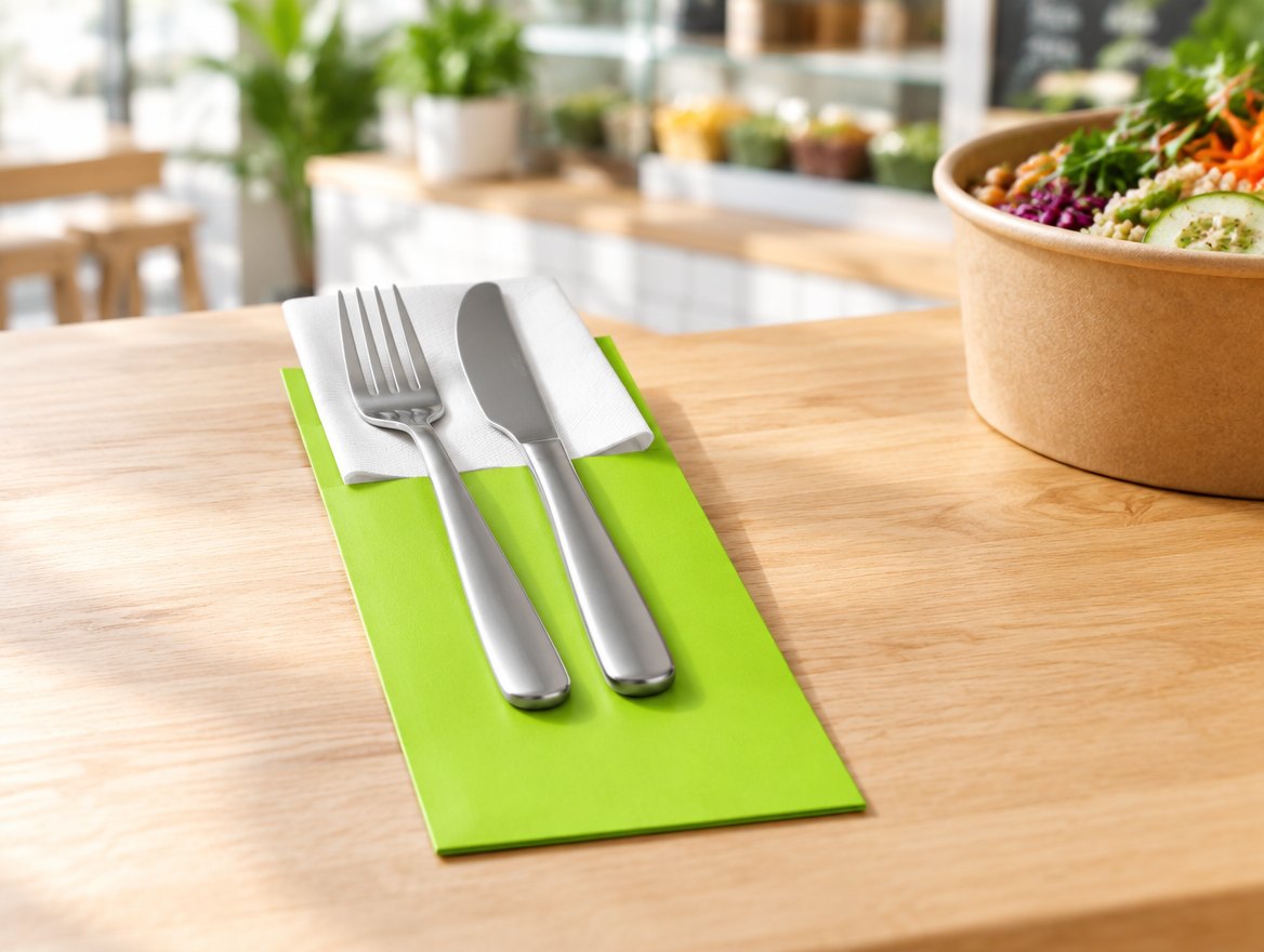 Pochette à couverts lime dressée sur une table de restaurant