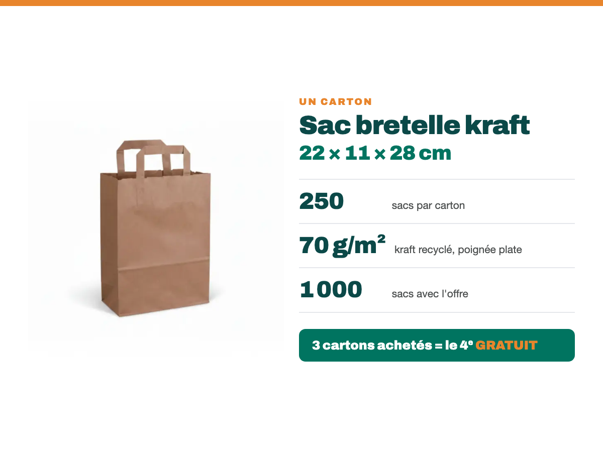 Sac bretelle kraft 22 × 11 × 28 cm : 250 sacs par carton, 70 g/m², 3 cartons achetés = le 4e gratuit
