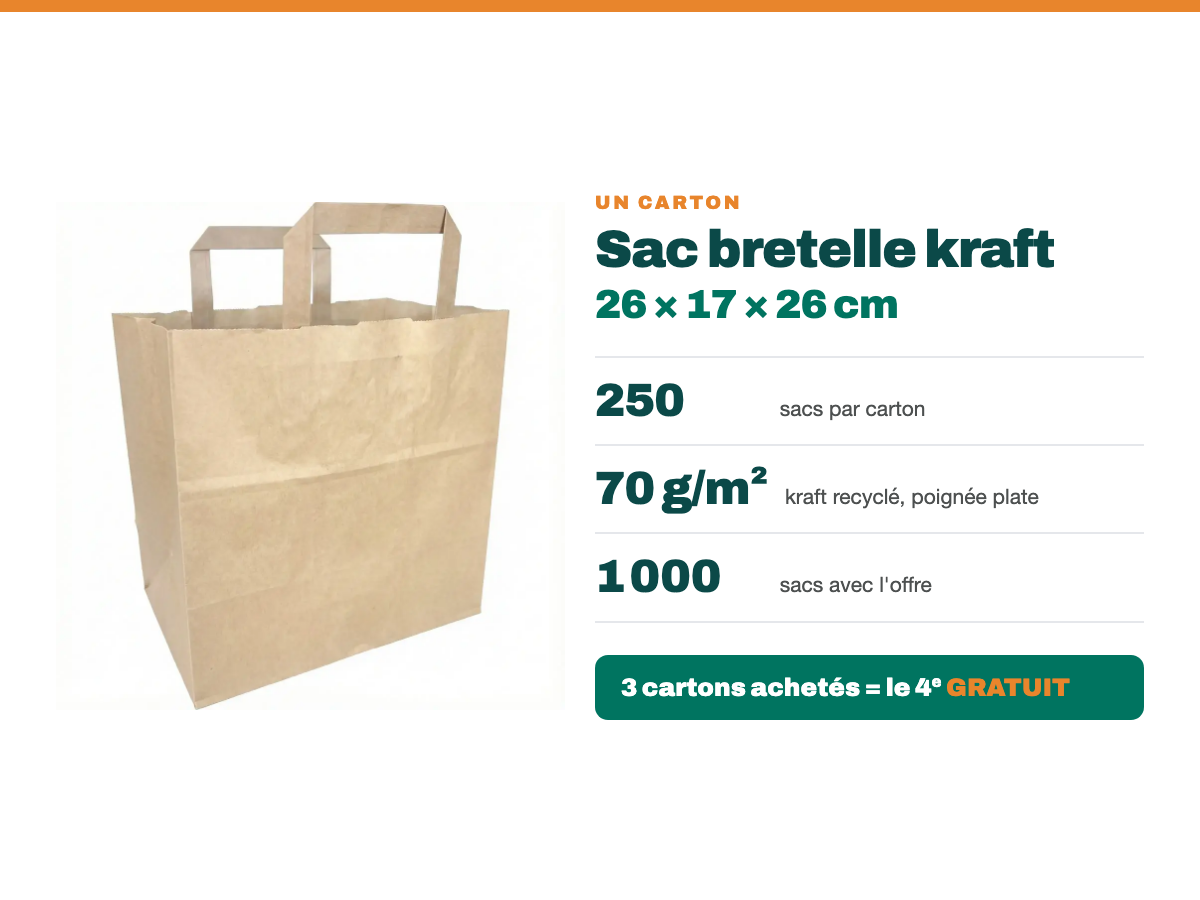 Sac bretelle kraft 26 × 17 × 26 cm : 250 sacs par carton, 70 g/m², 3 cartons achetés = le 4e gratuit