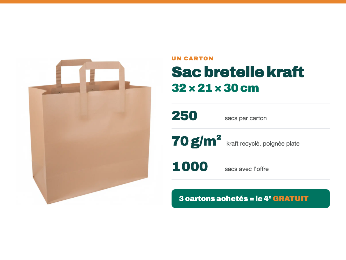 Sac bretelle kraft 32 × 21 × 30 cm : 250 sacs par carton, 70 g/m², 3 cartons achetés = le 4e gratuit