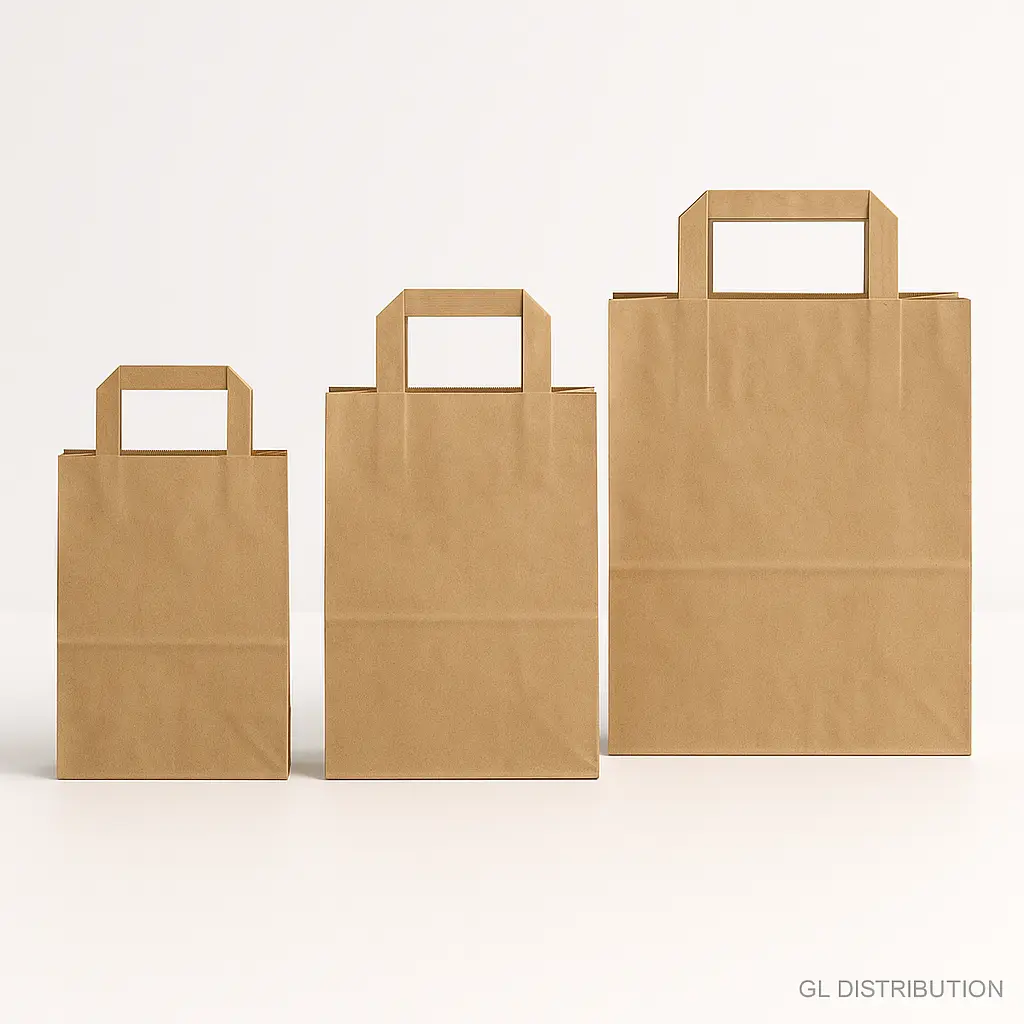 Les trois tailles de sacs bretelles papier kraft F&G côte à côte, de la plus petite à la plus grande