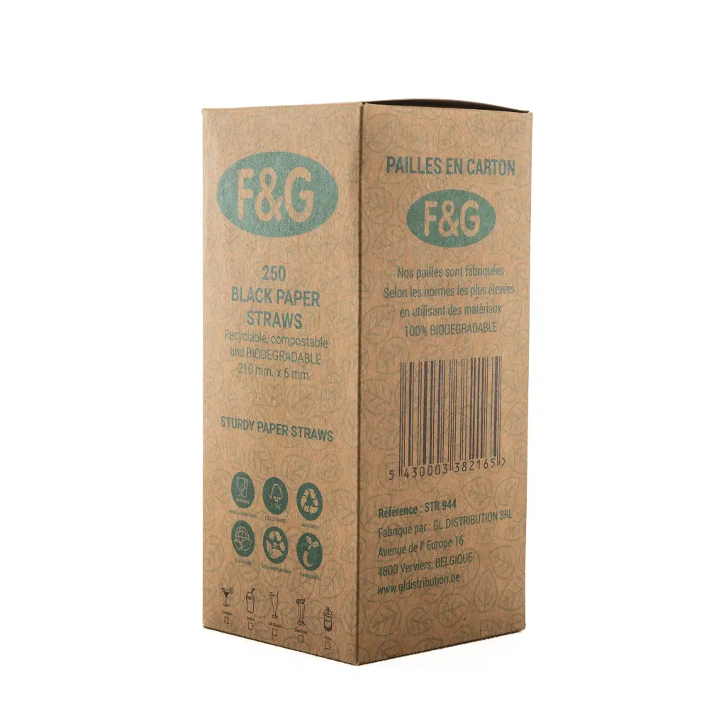 Paille en carton noire F&G 210 × 6 mm, sachet de 250