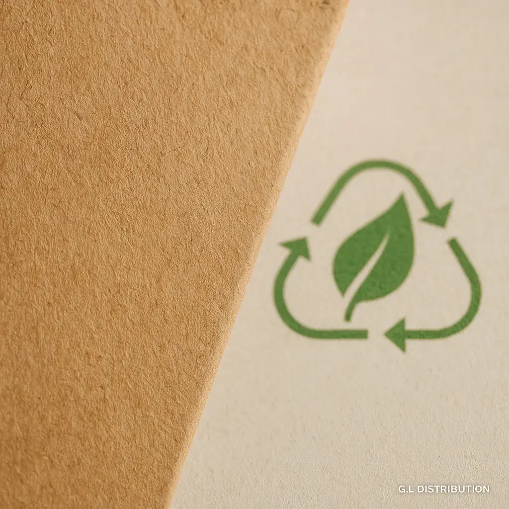 Détail de la matière : papier kraft recyclé brun 70 g/m² et pictogramme de recyclage