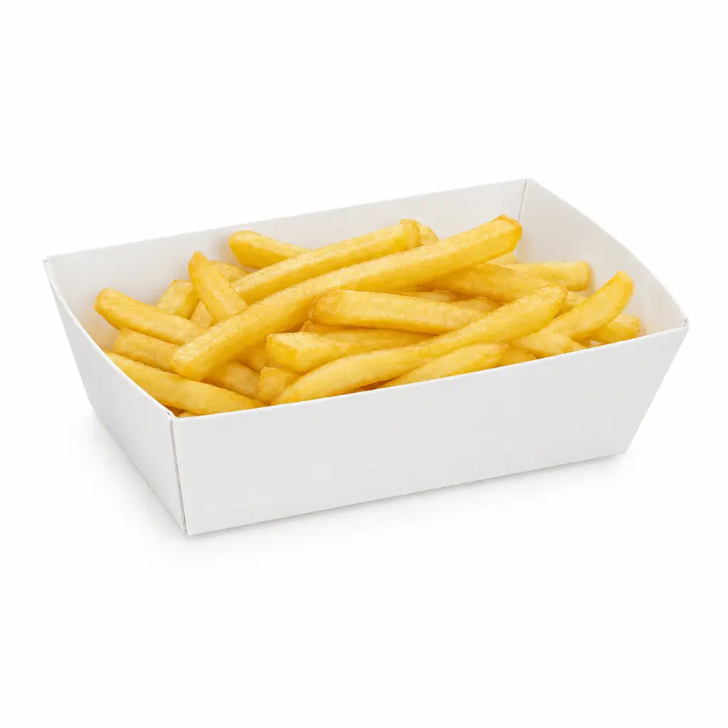 Ravier à frites carton blanc C75 garni d'une portion de frites de friterie