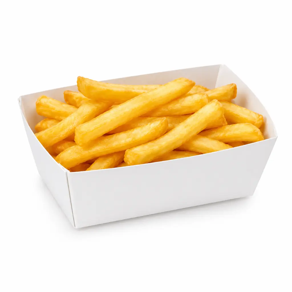 Ravier à frites carton blanc C80 garni d'une portion de frites dorées