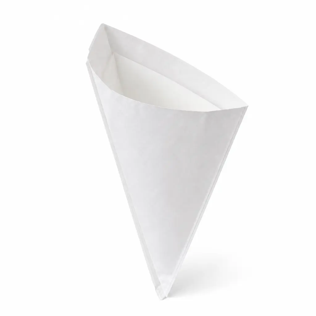 Sachet cornet papier blanc TIP 25 posé à côté d'un cornet carton en friterie