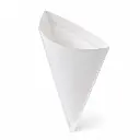Sachet cornet papier blanc TIP 25 posé à côté d'un cornet carton en friterie