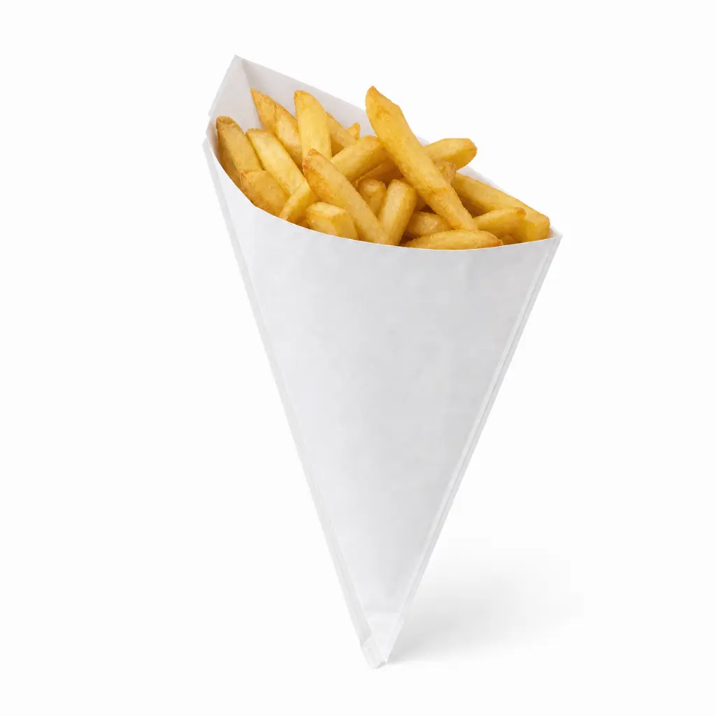 Sachet cornet papier blanc TIP 25 garni d'une portion de frites à emporter