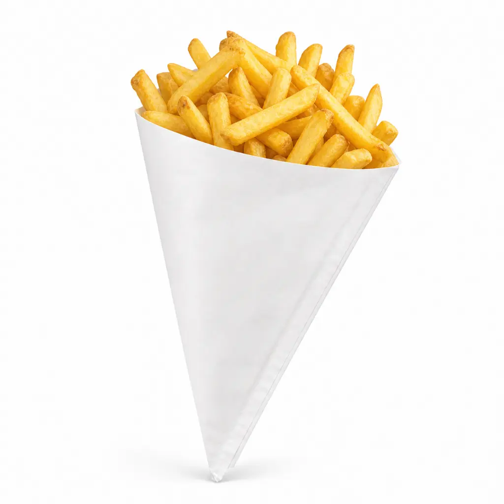 Sachet cornet papier blanc TIP 24 garni d'une grande portion de frites