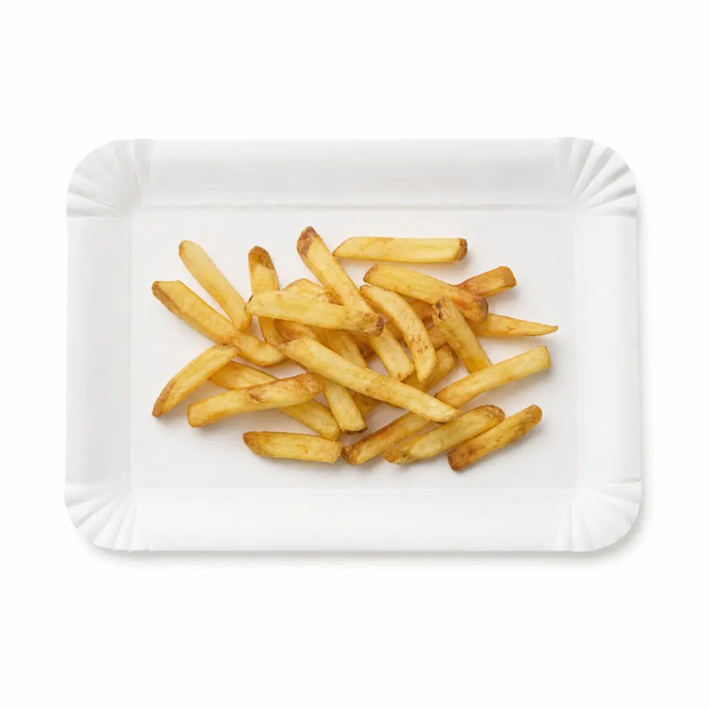 Plateau carton blanc 13 × 20 cm garni d'une portion de frites de friterie