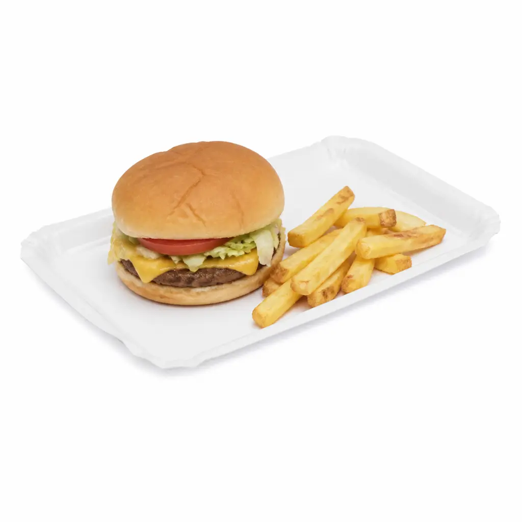 Plateau carton blanc 16 × 23 cm garni d'un burger et de frites, plat complet