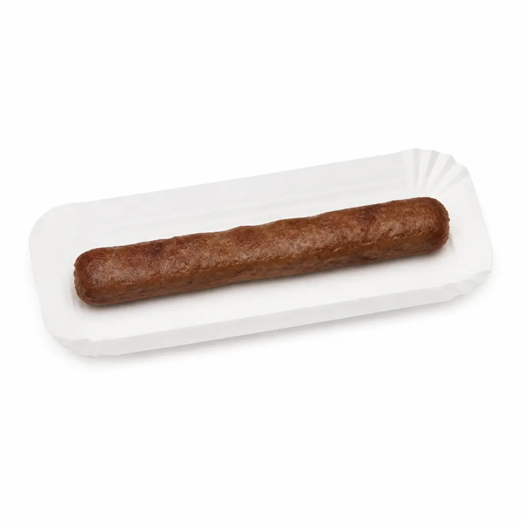 Plateau carton blanc 6 × 20 cm avec une fricandelle, format snack à emporter
