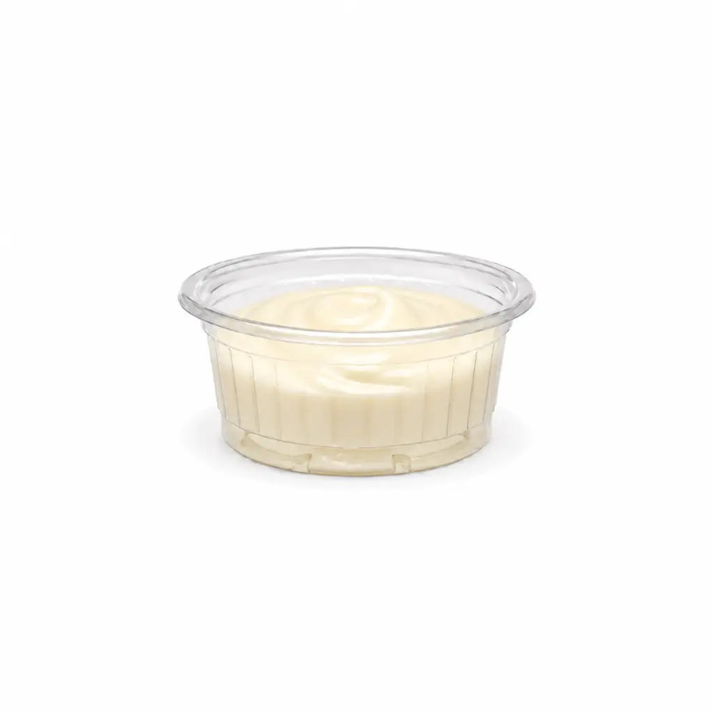 Pot à sauce strié transparent 3 cl rempli de mayonnaise, prêt à servir en friterie
