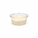 Pot à sauce strié transparent 3 cl rempli de mayonnaise, prêt à servir en friterie