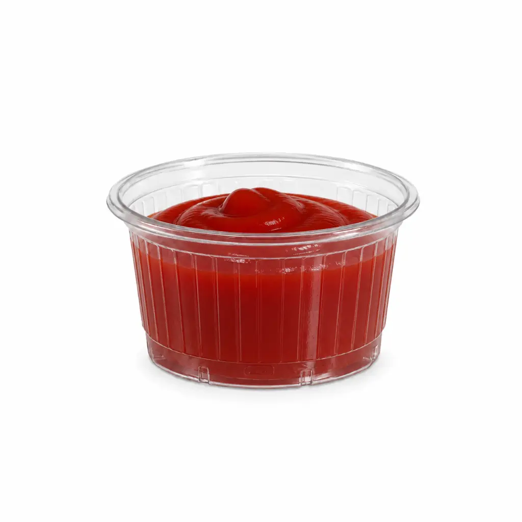 Pot à sauce strié transparent 5 cl rempli de ketchup pour portion à emporter