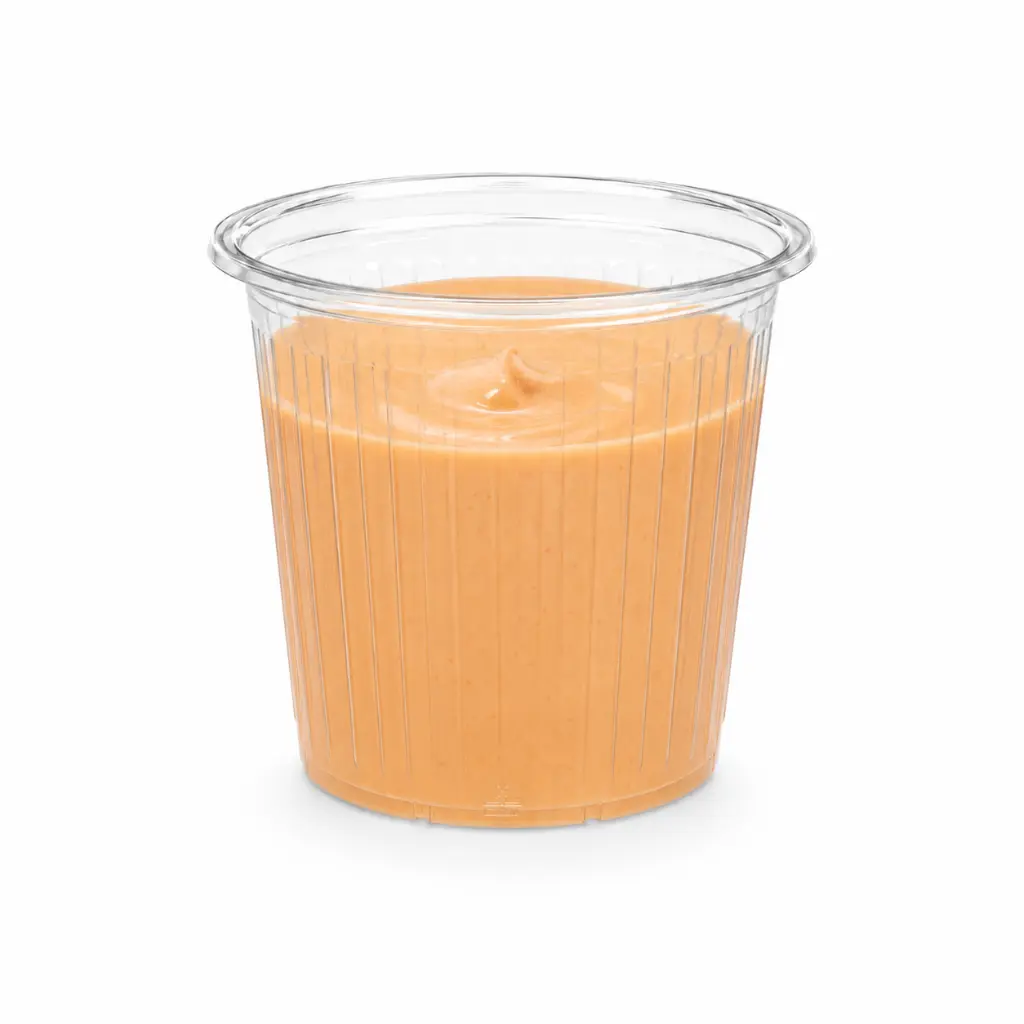 Pot à sauce strié transparent 10 cl rempli de sauce samouraï