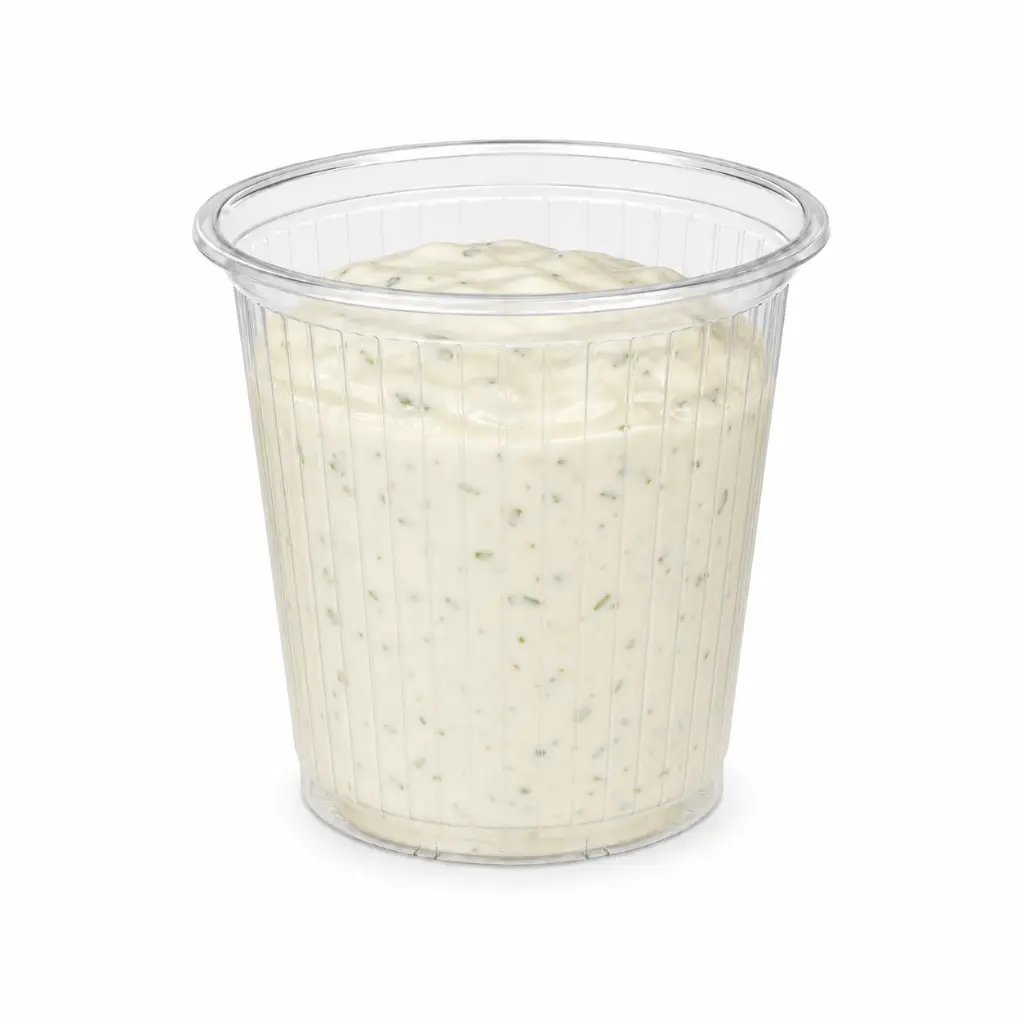 Pot à sauce strié transparent 12,5 cl rempli de sauce tartare