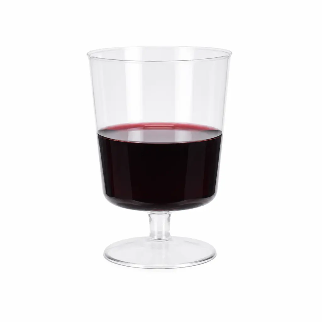 Verre à vin réutilisable transparent sur pied fixe, rempli de vin rouge