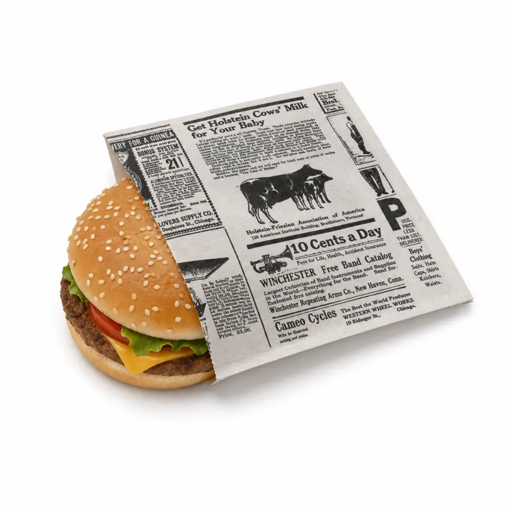 Sac à hamburger papier imprimé façon journal, garni d'un burger à emporter
