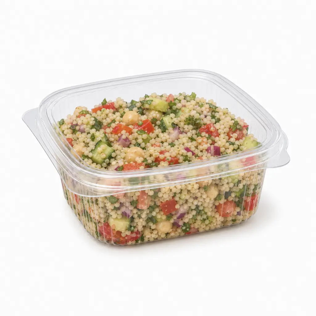 Couvercle transparent posé sur un ravier Propy rectangulaire — fermeture des portions à emporter