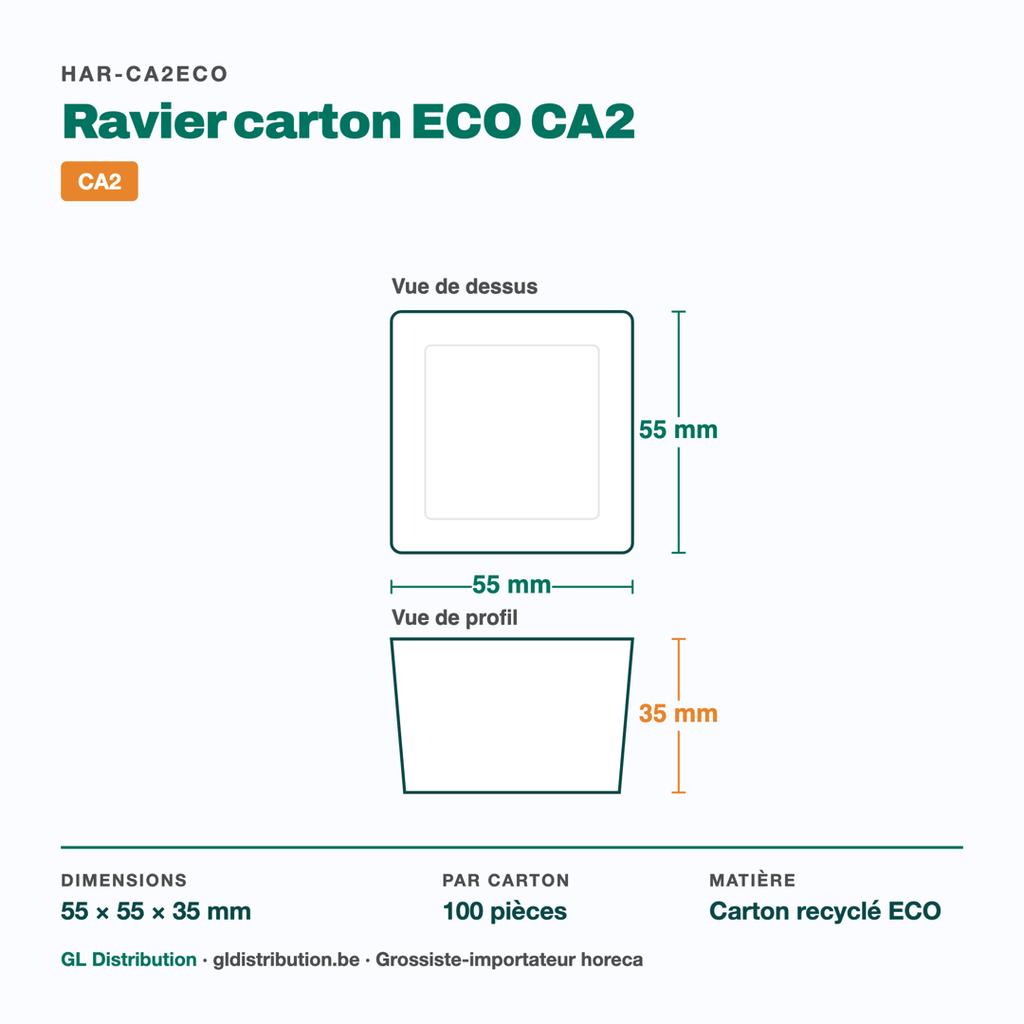 Dimensions du ravier à frites CA2 : 55 × 55 × 35 mm — 100 pièces par carton