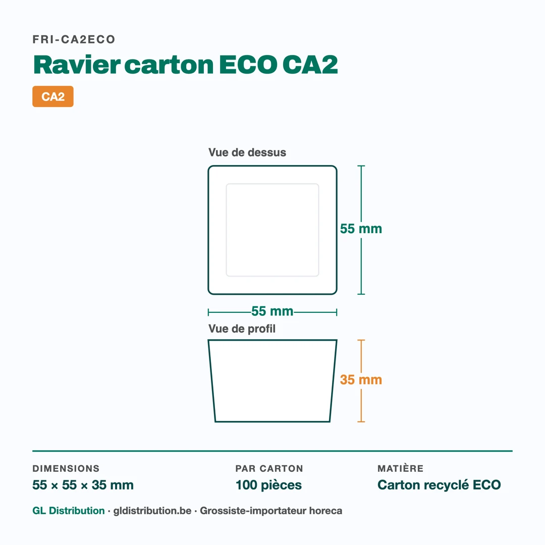 Dimensions du ravier à frites CA2 : 55 × 55 × 35 mm — 100 pièces par carton