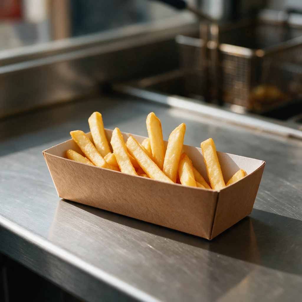 Ravier à frites CA1M en carton recyclé ECO avec une petite portion de frites sur un comptoir de friterie