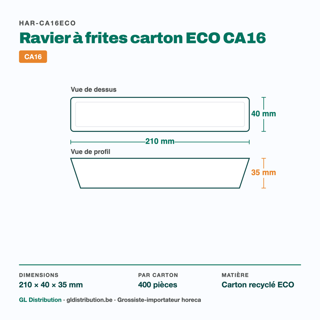 Dimensions du ravier à frites CA16 : 210 × 40 × 35 mm — 400 pièces par carton