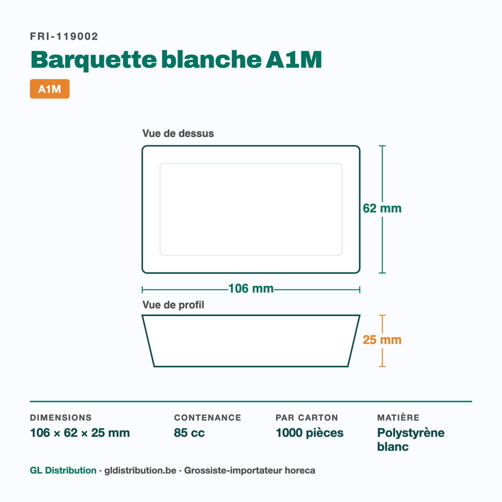 Dimensions de la barquette à snack A1M : 106 × 62 × 25 mm, 85 cc — 1000 pièces par carton