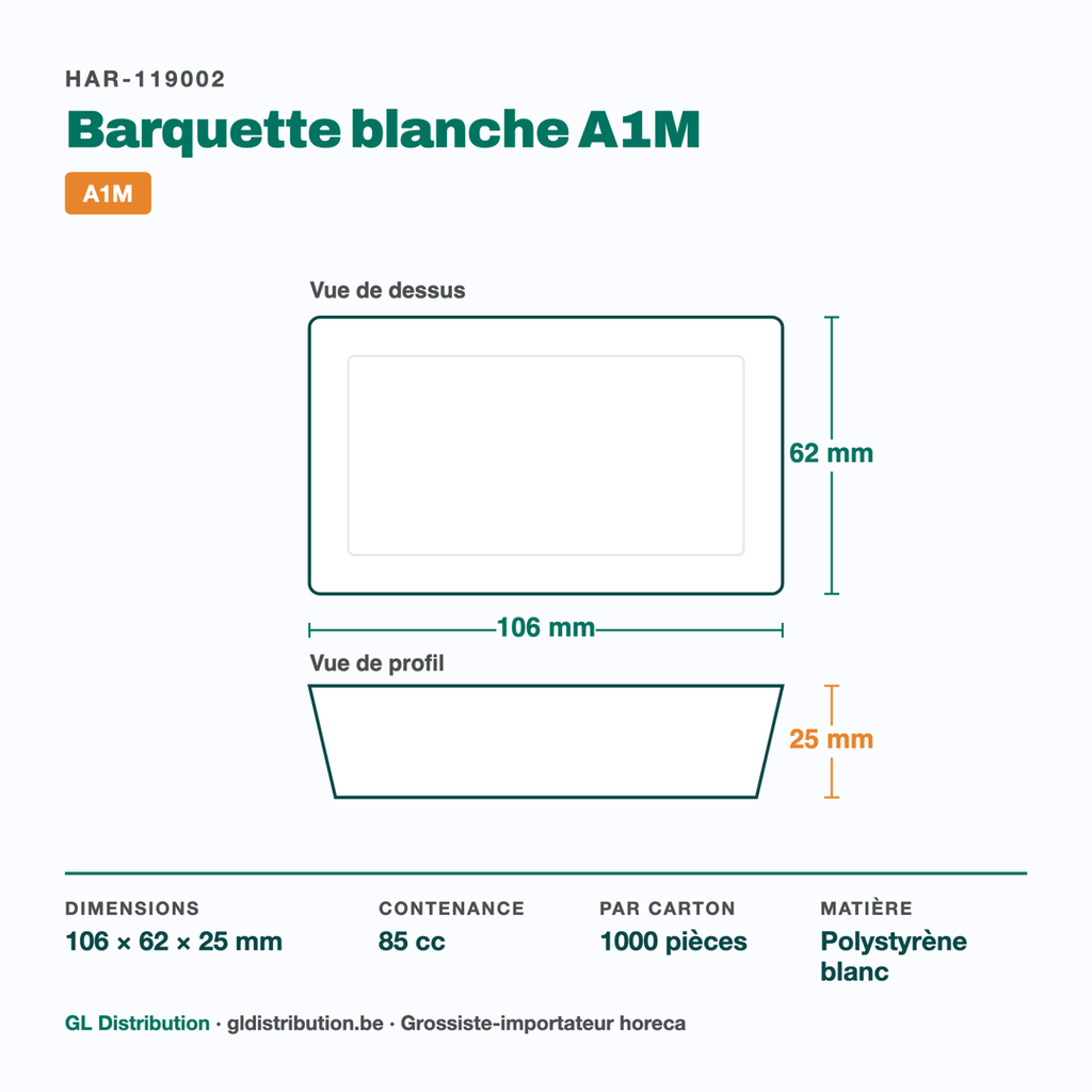 Dimensions de la barquette à snack A1M : 106 × 62 × 25 mm, 85 cc — 1000 pièces par carton