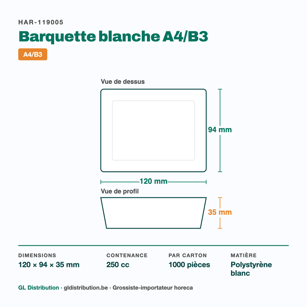 Dimensions de la barquette à snack A4/B3 : 120 × 94 × 35 mm, 250 cc — 1000 pièces par carton