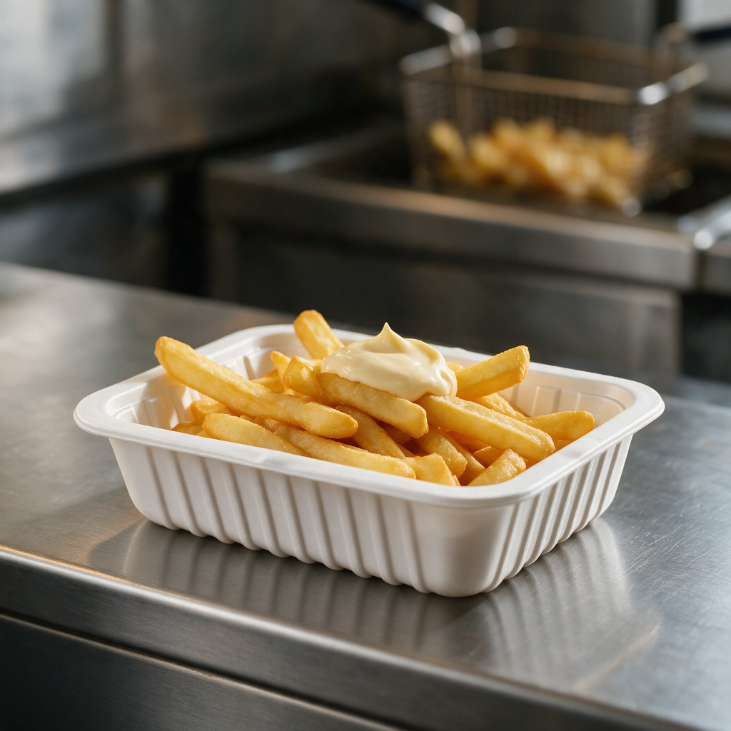 Barquette à snack A4/B3 en polystyrène blanc avec une portion de frites sur un comptoir de friterie