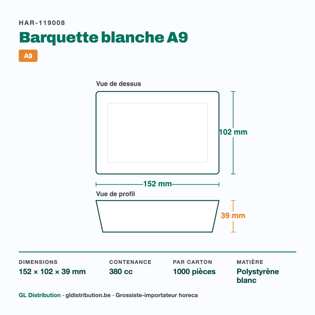Dimensions de la barquette à snack A9 : 152 × 102 × 39 mm, 380 cc — 1000 pièces par carton