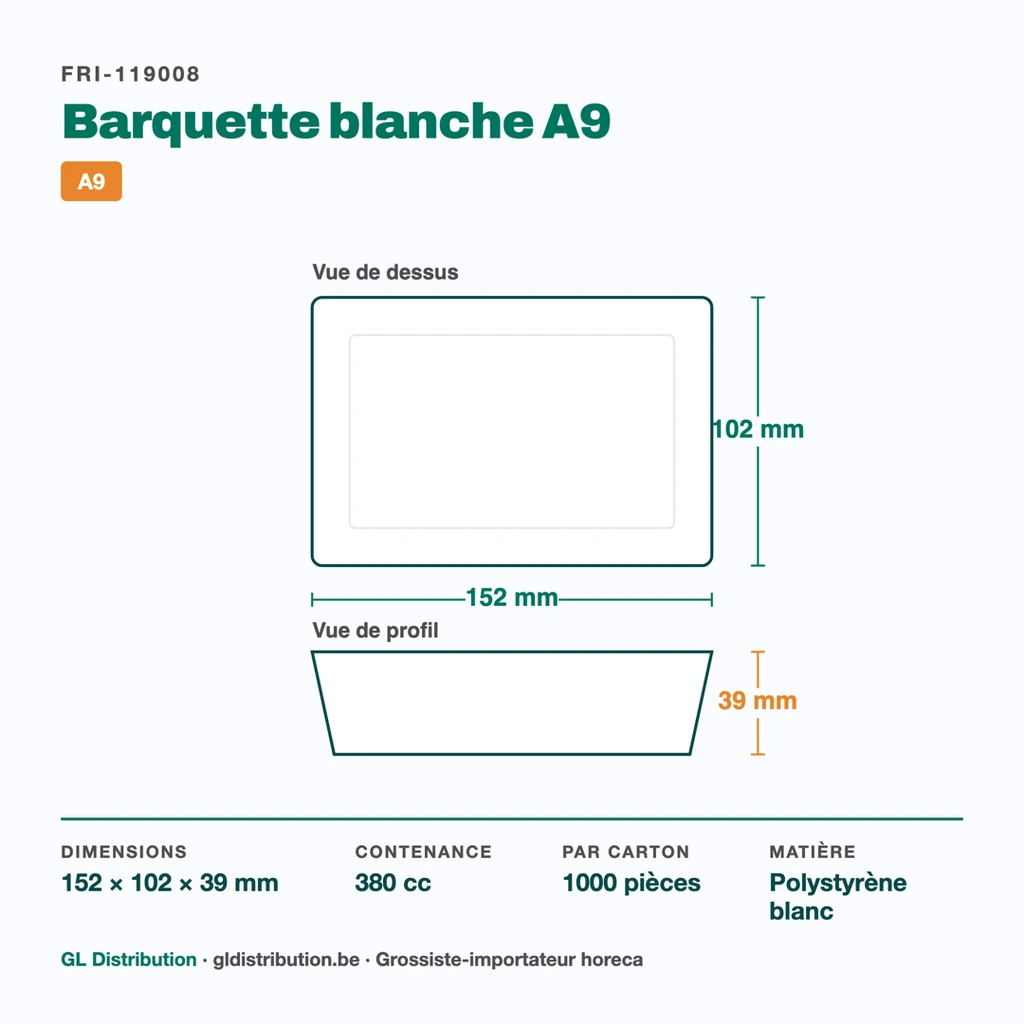 Dimensions de la barquette à snack A9 : 152 × 102 × 39 mm, 380 cc — 1000 pièces par carton