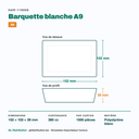 Dimensions de la barquette à snack A9 : 152 × 102 × 39 mm, 380 cc — 1000 pièces par carton