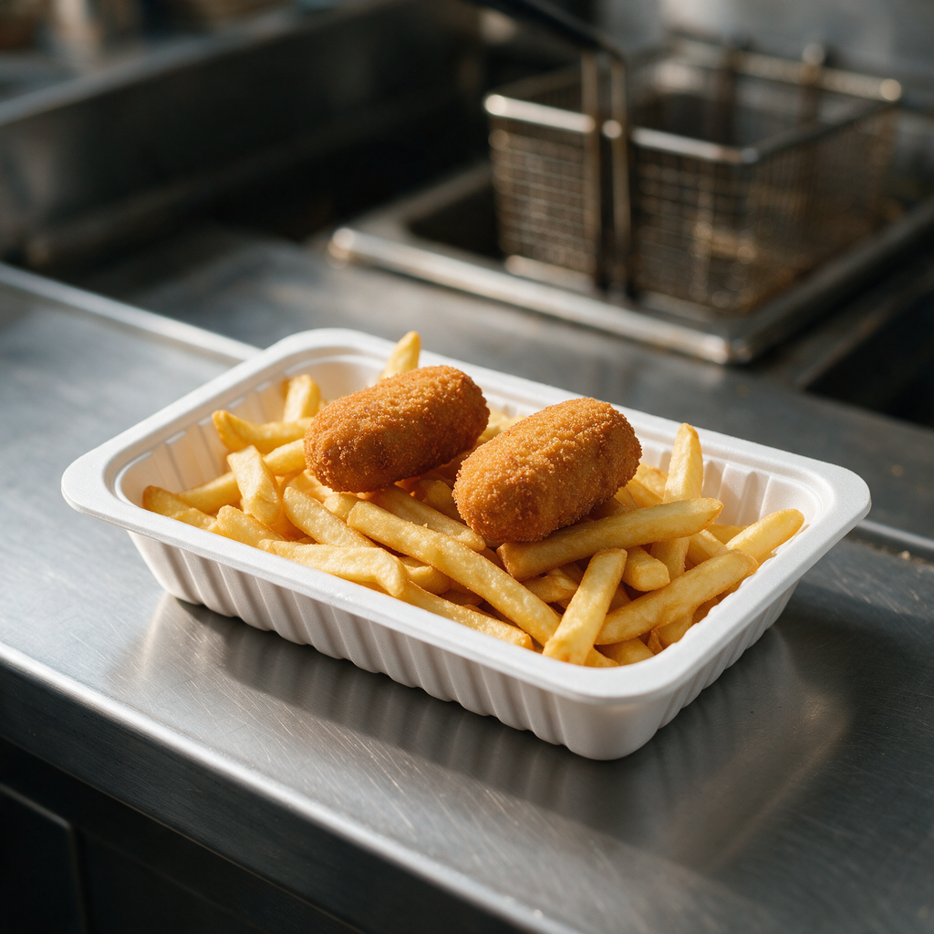 Barquette à snack A9 en polystyrène blanc avec une portion de frites sur un comptoir de friterie