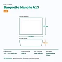 Dimensions de la barquette à snack A13 : 157 × 113 × 40 mm, 500 cc — 1000 pièces par carton