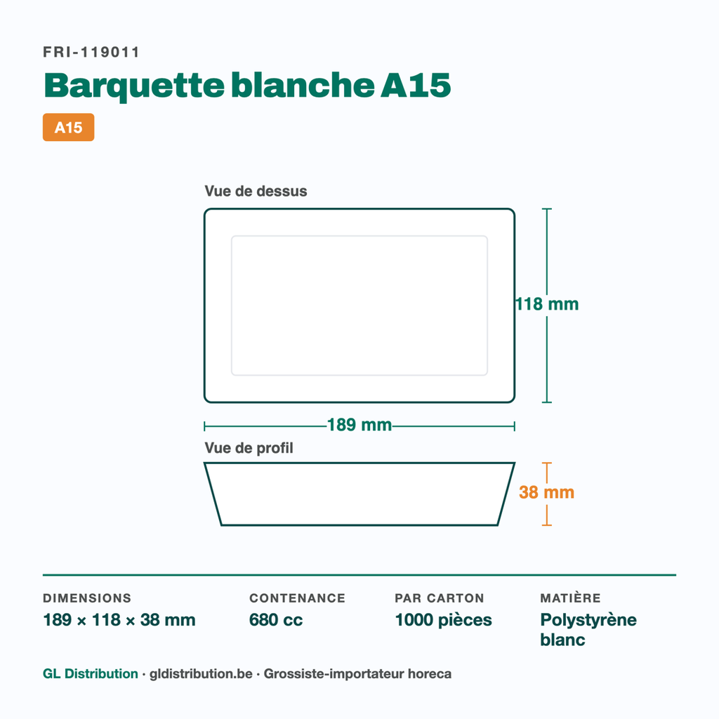 Dimensions de la barquette à snack A15 : 189 × 118 × 38 mm, 680 cc — 1000 pièces par carton