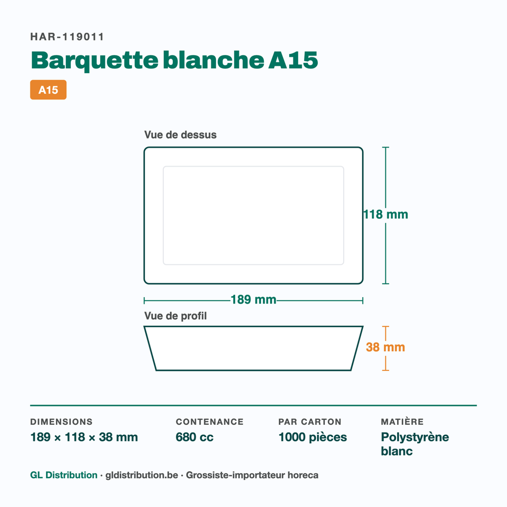 Dimensions de la barquette à snack A15 : 189 × 118 × 38 mm, 680 cc — 1000 pièces par carton