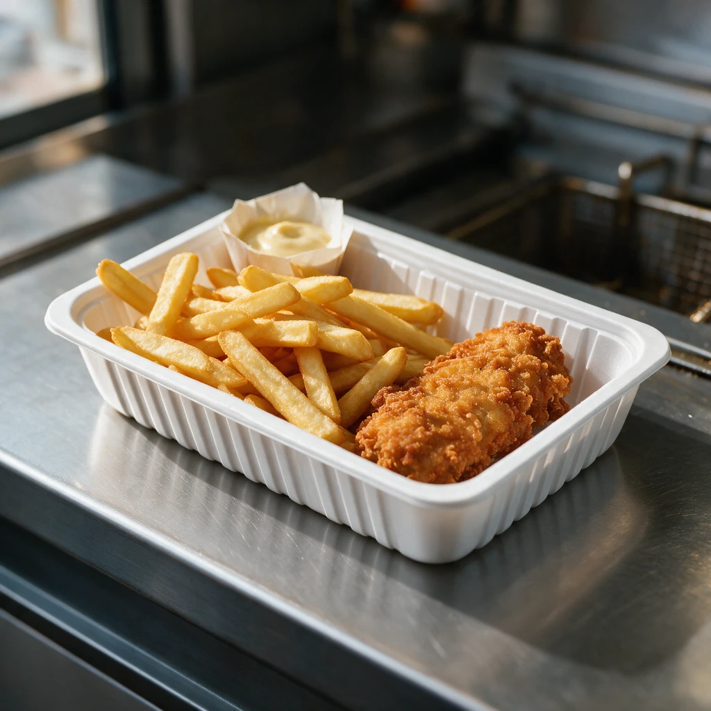 Barquette à snack A15 en polystyrène blanc avec un plat à emporter sur un comptoir de friterie