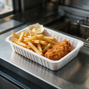 Barquette à snack A15 en polystyrène blanc avec un plat à emporter sur un comptoir de friterie