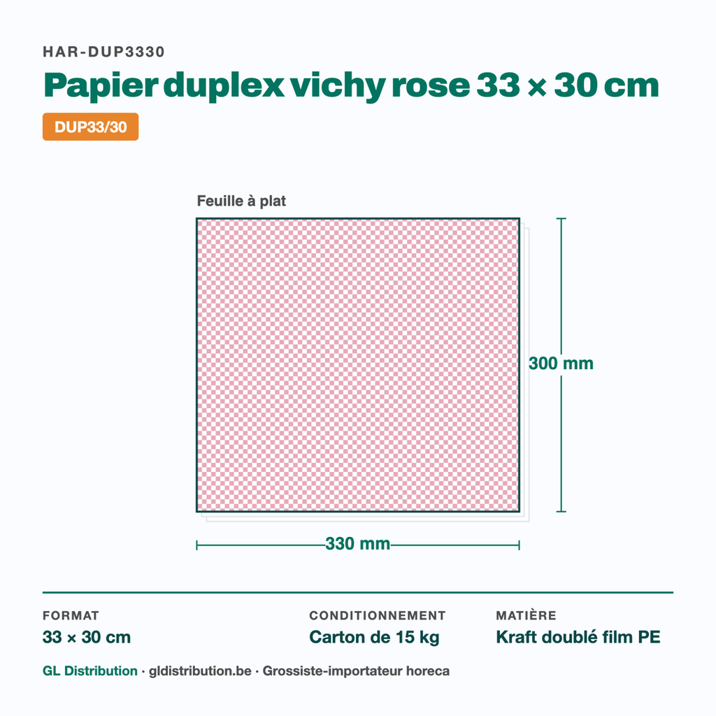Dimensions du papier duplex vichy rose : 33 × 30 cm — carton de 15 kg